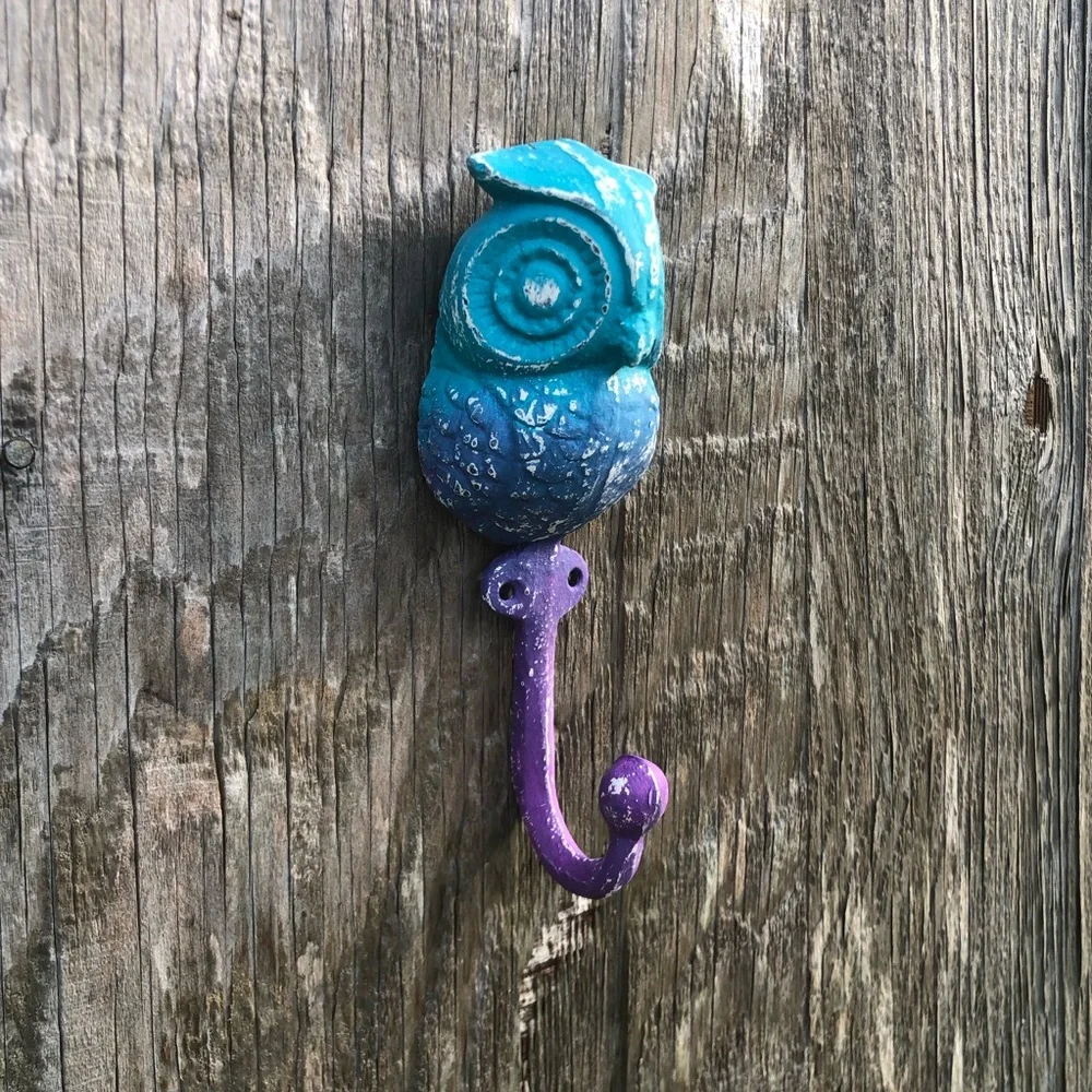 Upcycled Blue and Purple Cast Iron Owl Hook